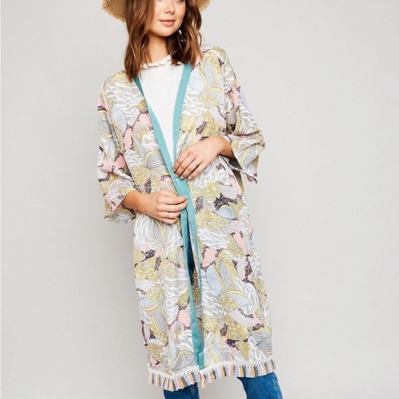 Hayden Pink, Blue, & Tan Kimono with Fringe Tassels - Picture 1 of 9